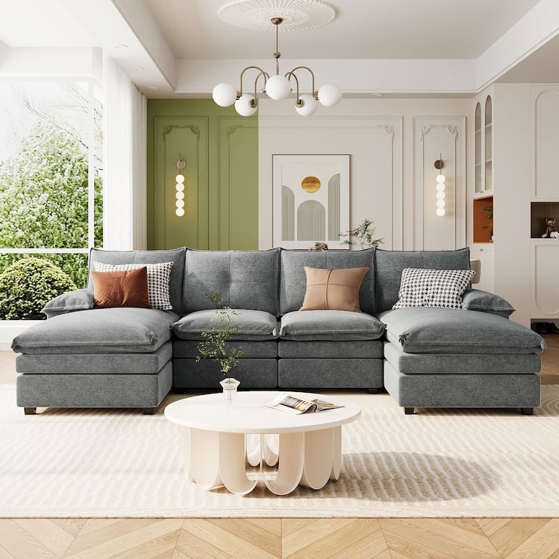 U-Shaped Comfy Cloud Couch, 6-Seat Chenille Deep Seat Sofa with Armrest Cushions - Grey