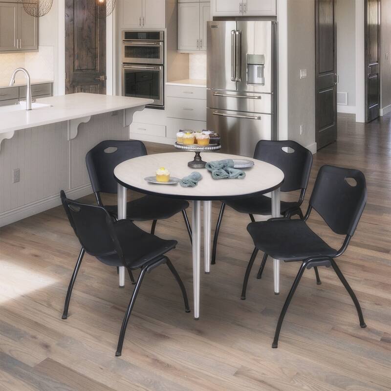 42 in. Round Breakroom Table- Maple Top, Chrome Base & 4 M Stack Chairs- Black