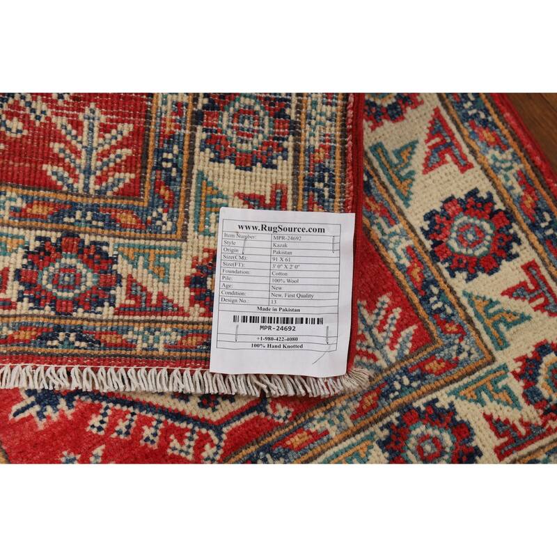 Red Geometric Kazak Accent Foyer Rug Hand-Knotted Wool Carpet - 2'0"x 3'0"