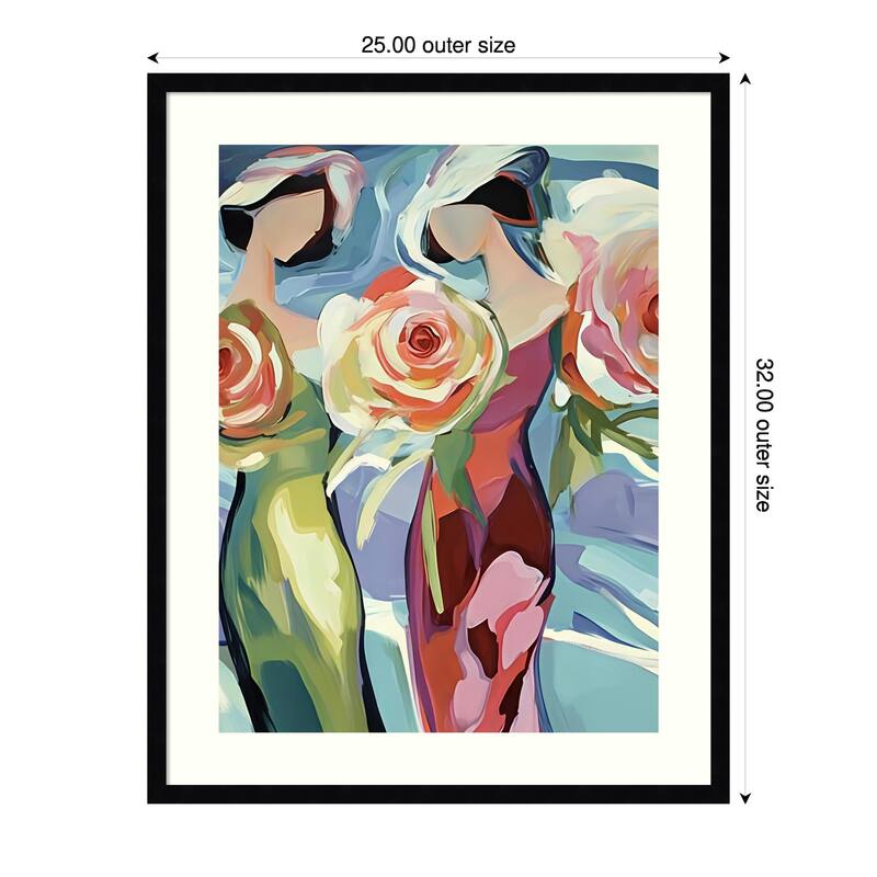 Two Women With Roses by Elena Avanesova Wood Framed Wall Art Print - 25 x 32 in - Black