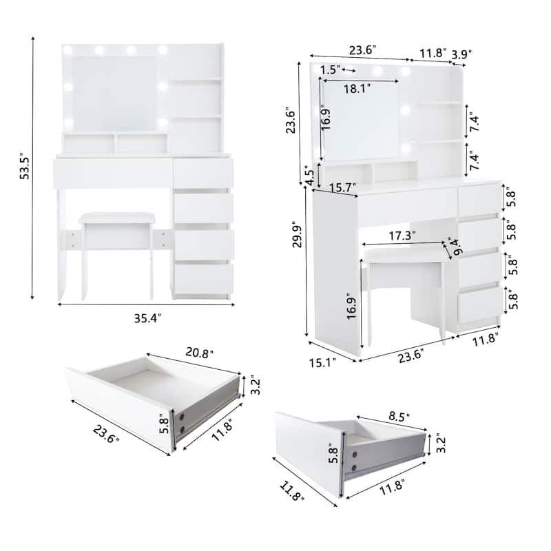 White Vanity Desk Set with LED Mirror, USB Outlets, Adjustable Brightness, Storage Shelves & Cushioned Stool