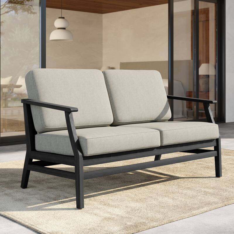 Outdoor Teak Wood Loveseat Sofa with Water-Resistant Cushions - BlackFrame-Light Camel