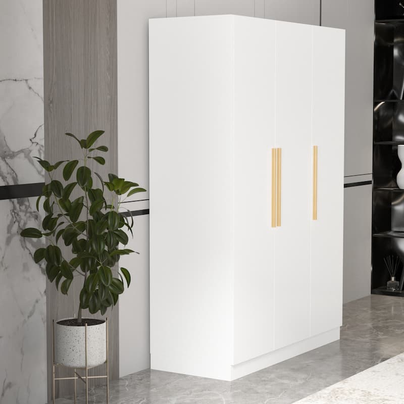 Timechee 47.2" Armoire Clothes Storage Solid Wood Handles Wardrobe White