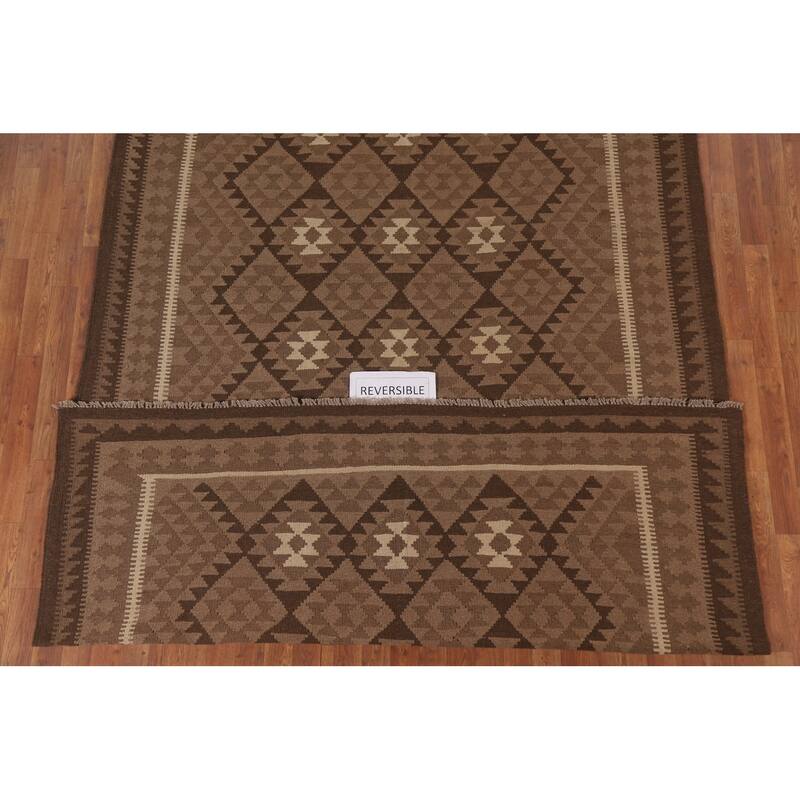 Hand Woven Oriental 100% Wool Carpet Southwestern Geometric Brown Kilim Area Rug - 9' 4'' X 6' 11''