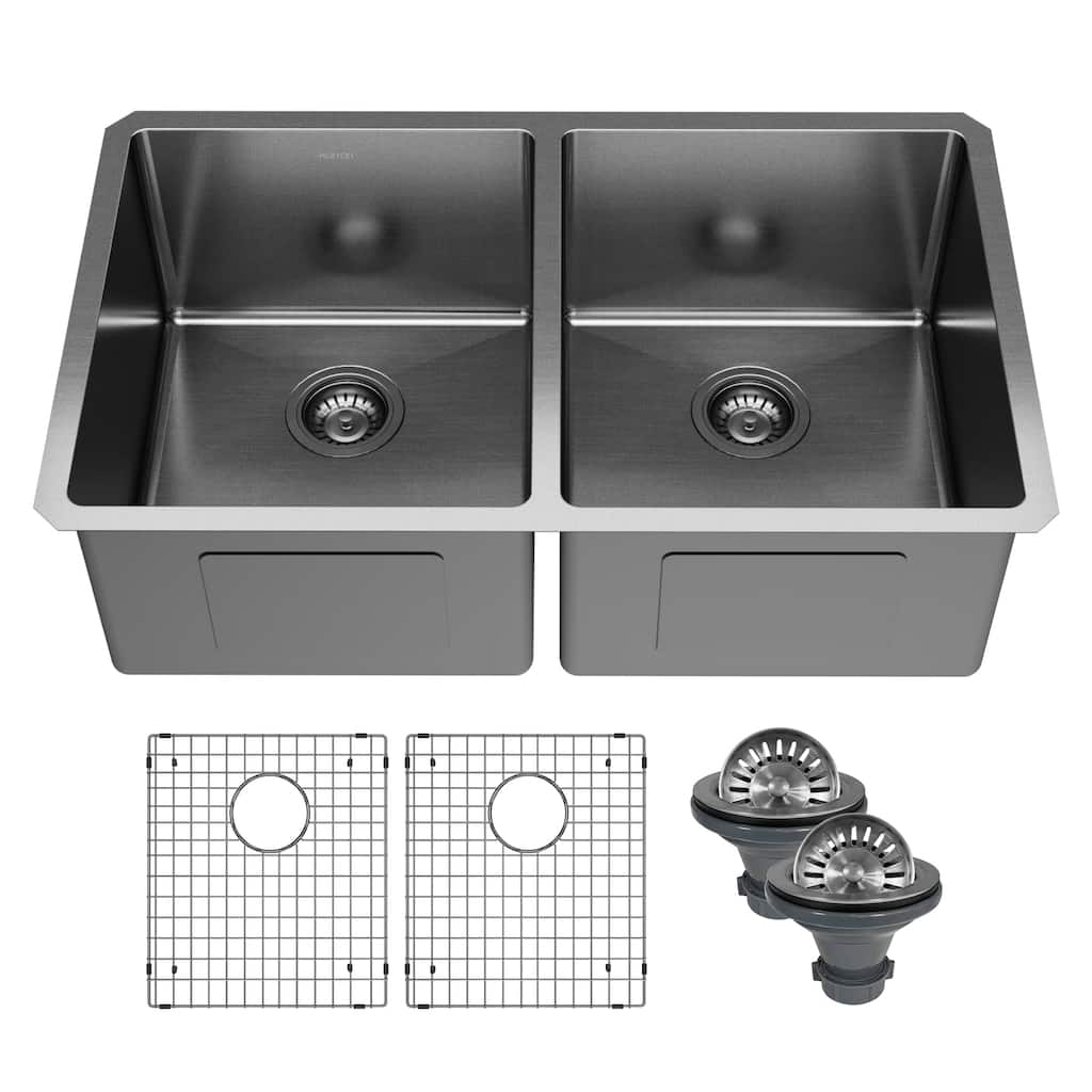Karran Elite 32" Undermount 16 Gauge Stainless Steel Double Bowl Kitchen Sink in Gunmetal Black - Gunmetal Black