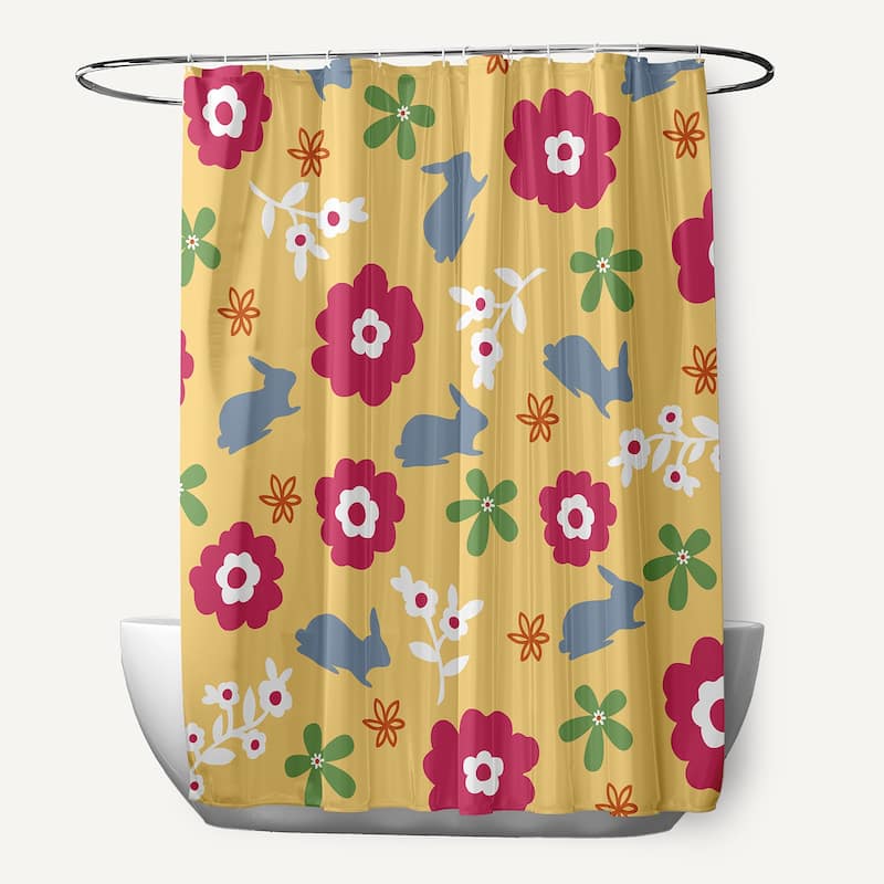 Flowery Love with Bunnies Shower Curtain - Daffodil Yellow-Blue