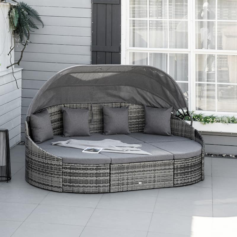 Outsunny 4 Pieces Patio PE Wicker Lounge Set, Outdoor Rattan Garden Conversation Furniture Set, Round Sofa Bed - light grey