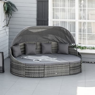 Outsunny 4 Pieces Patio PE Wicker Lounge Set, Outdoor Rattan Garden Conversation Furniture Set, Round Sofa Bed