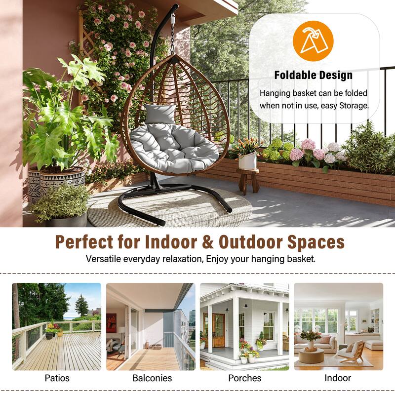Foldable Rattan Hanging Hammock Chair with Stand and Plush Cushion for Indoor and Outdoor