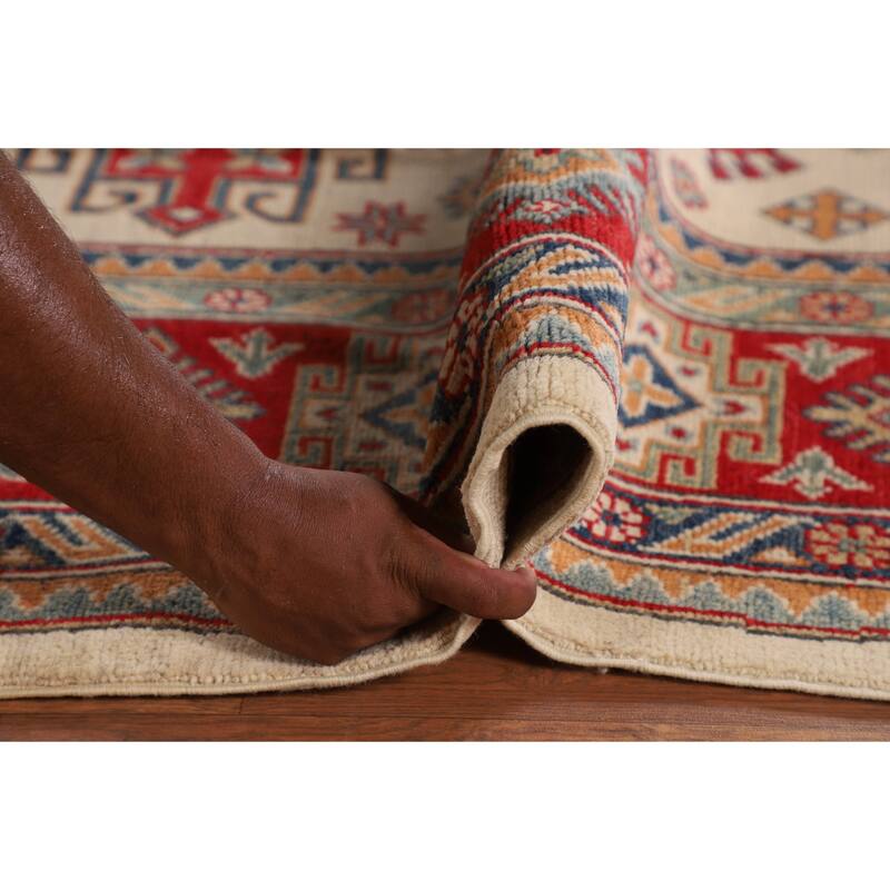 Ivory Geometric Kazak Oriental Area Rug Handmade Wool Carpet - 8'0" x 10'3"