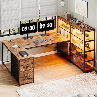 L Shaped Desk U Shaped Office Desk Gaming Desk 3 Drawers Shelves
