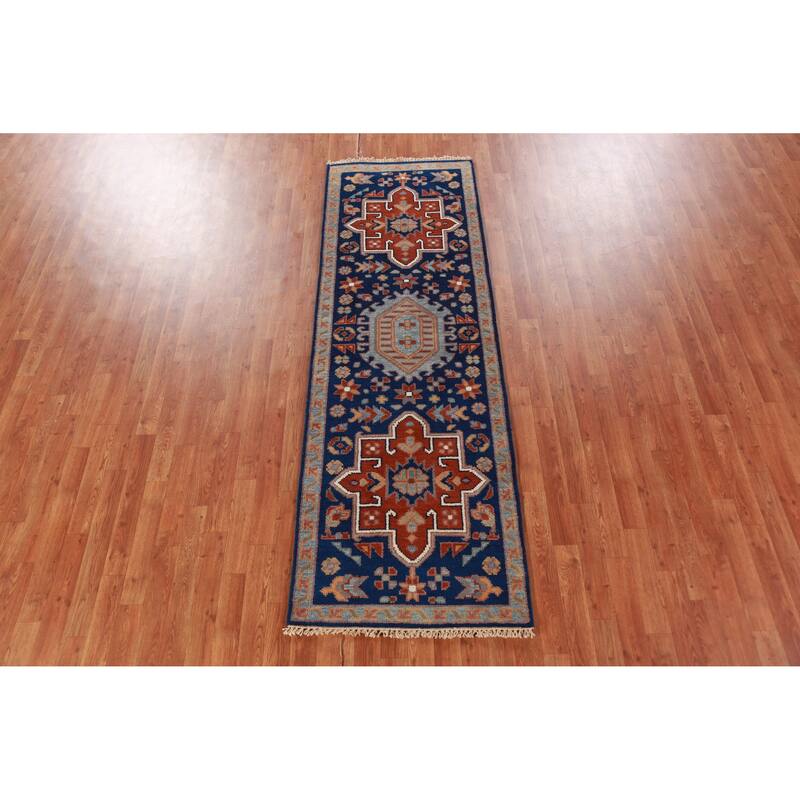 Hand Knotted Oriental 100% Wool Carpet Traditional Geometric Navy Blue & Blues Kazak Runner Rug - 7' 9'' X 2' 7''