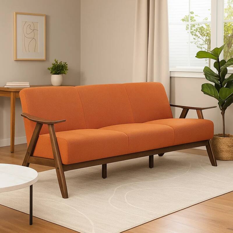 Indy 73 Inch Sofa, Brown Wood Angled Frame, Cozy Textured Orange Fabric