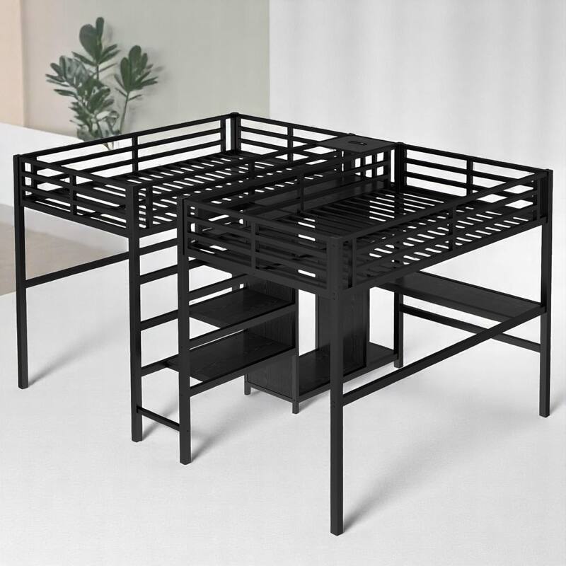 Twin Over Twin Metal Loft Bed with Dual Desks, Wardrobe, Charging Ports & Storage Shelves, Space-Saving Design for Kids & Teens