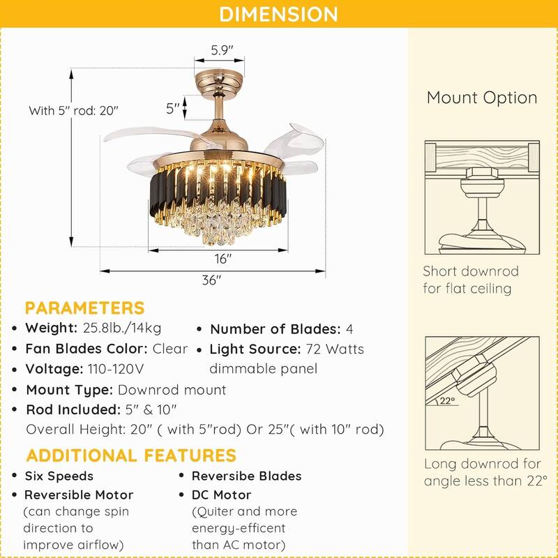 Modern Gold Black Retractable Crystal Ceiling Fan With Lights, Dimmable LED Luxury Chandelier Ceiling Fan With Remote Control