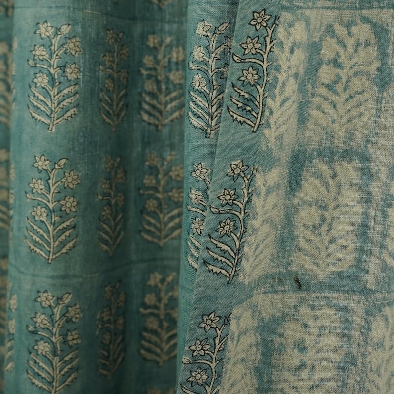 Fabdivine Handmade Soft Pure Linen Fabric Eyelet Curtain Block Print Floral Drape