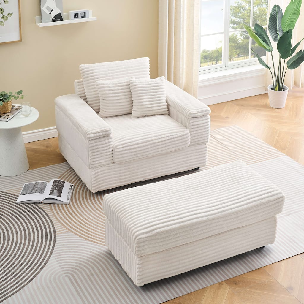 42.52 inch White Corduroy Single Sofa with Pillows, Simple Design, Bright Colors