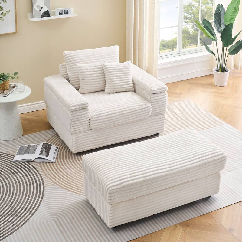 Corduroy Single Sofa Set with 2 Throw Pillows (500lb Capacity) - White