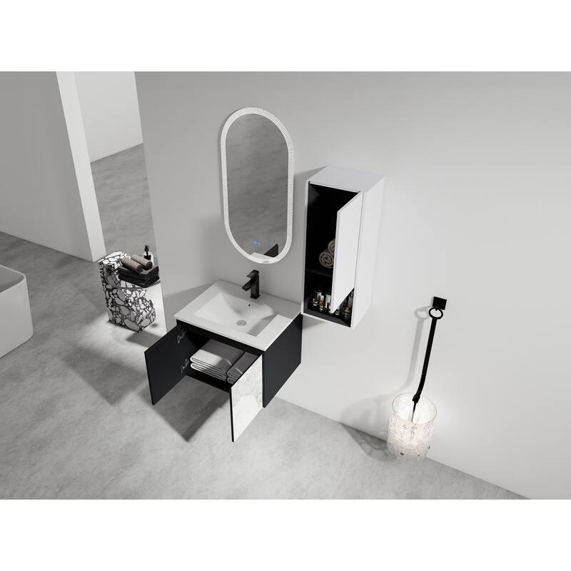24" Wall-Mounted Bathroom Vanity with Ceramic Sink and Soft-Close Doors, Side Cabinet for Extra Storage