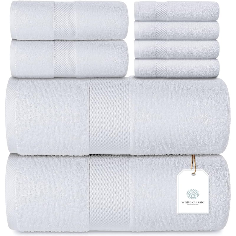 White Classic Luxury Cotton 8Pc Multi Size Towel Set [2 Bath Towels, 2 Hand Towels, 4 Washcloths] - White