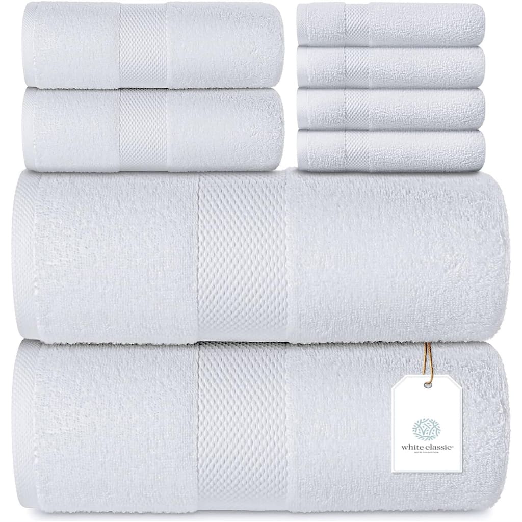 White Classic Luxury Cotton 8Pc Multi Size Towel Set [2 Bath Towels, 2 Hand Towels, 4 Washcloths]