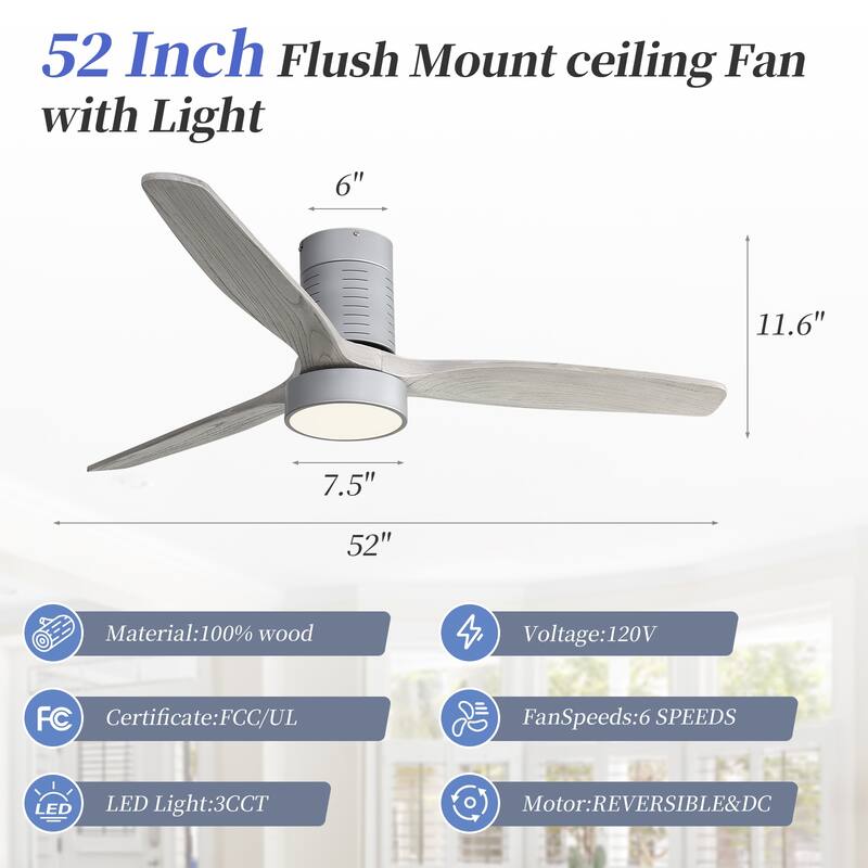 Sofucor 52" Indoor Wood Ceiling Fan Light with Remote, Integrated Light Optional