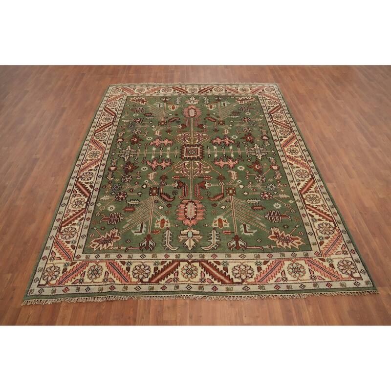 Hand Knotted Oriental 100% Wool Carpet Transitional All-Over Green Oushak Area Rug - 9' 9'' X 7' 9''