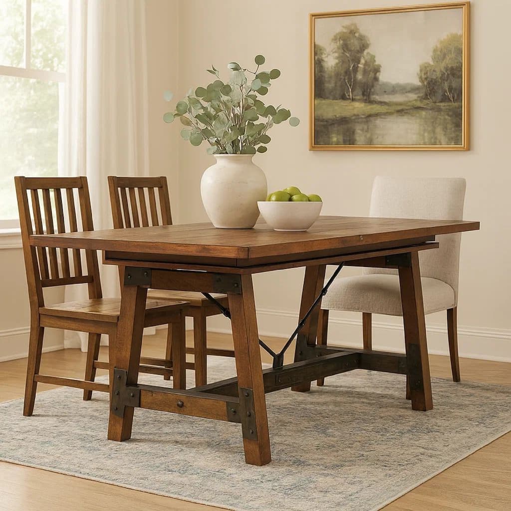 Wooden Dining Table with Extendable Leaf and Block Legs, Brown