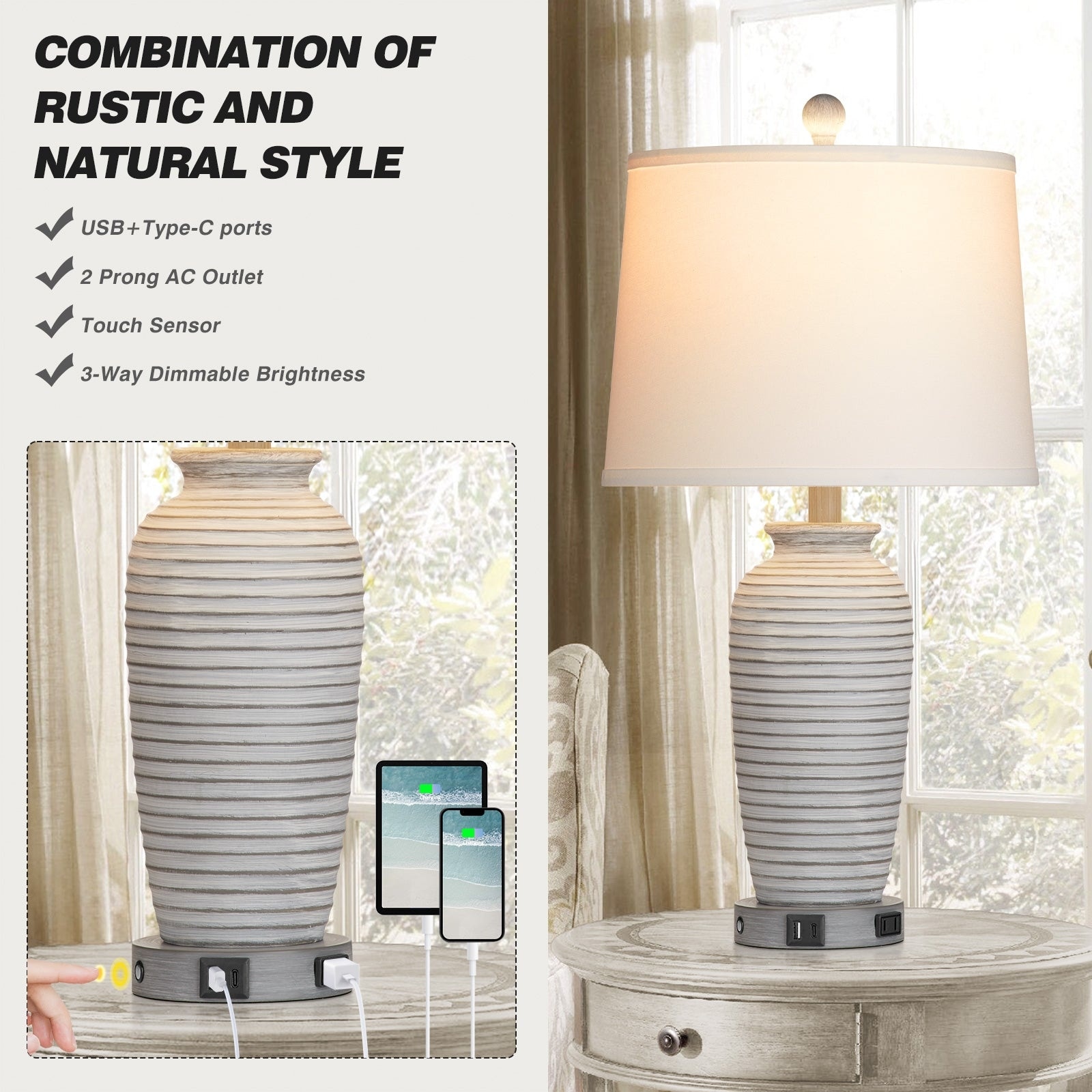 Ceramic Touch Control Table Lamp Set – 3-Way Dimmable, USB-A+C Charging, 3000K LED Bulbs Included (2-Pack)