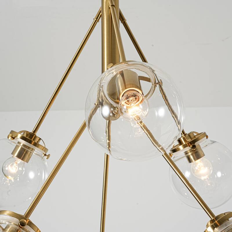 6-Light Modern Glam Sputnik Brass/Matte Black Finish Dimmable Chandelier with Clear Glass Globe for Living & Dining Room