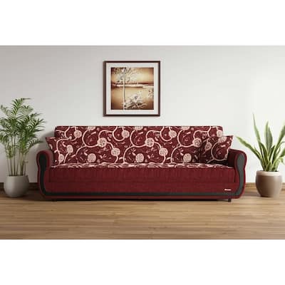 HomeRoots 90" Burgundy Chenille Convertible Futon Sleeper Sofa And Toss Pillows With Storage