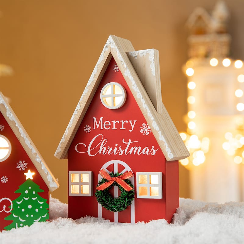 Glitzhome Set of 2 Christmas Lighted Wooden House Table decor