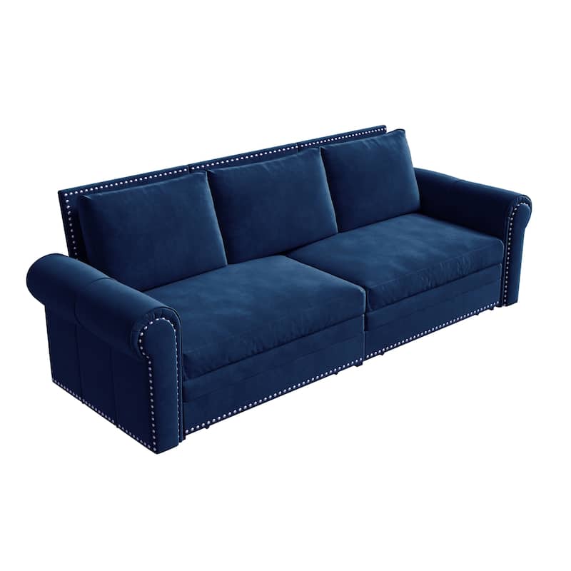 93.7" King Pull Out Sofa Bed w/ Nailhead Trim & Rolled Arm for Living Room Bedroom - Blue