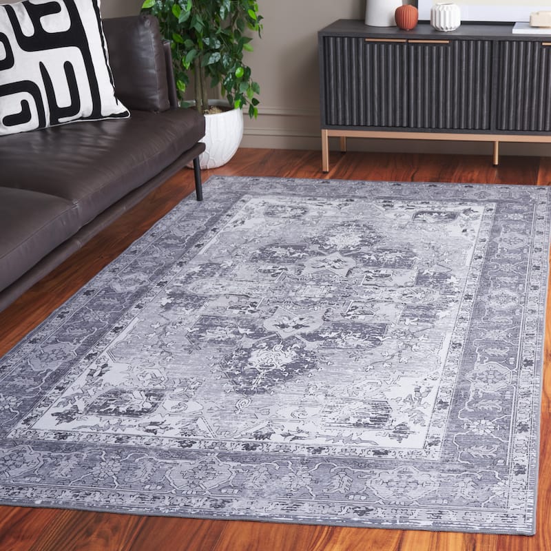 SAFAVIEH Tucson Machine Washable Slip Resistant Salome Oriental Medallion - 4' x 6' - Dark Grey/Light Grey