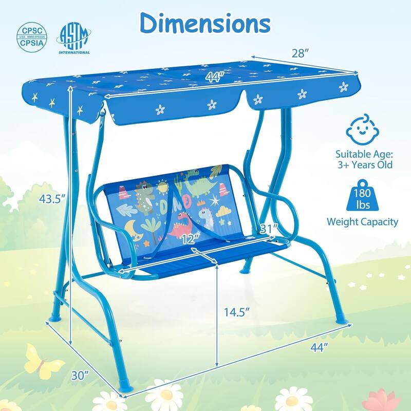 2 Seats Children Swing Chair Kids Porch Swing w/ Safety Belt & Canopy