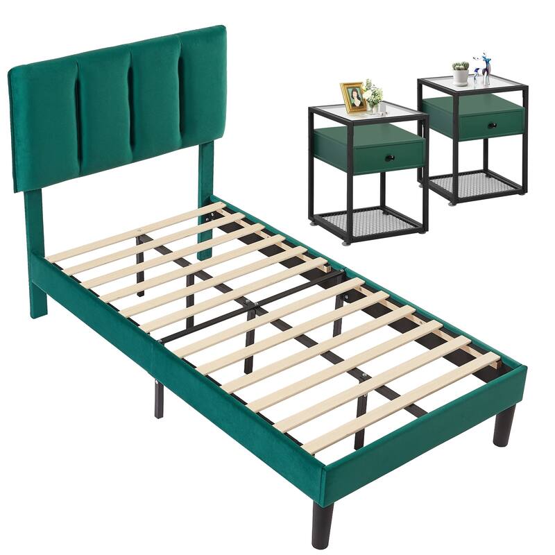 VECELO, Five Colors, 3-Pieces Tufted Upholstered Platform Bed Frame with Adjustable Height Headboard and Nightstands Set of 2