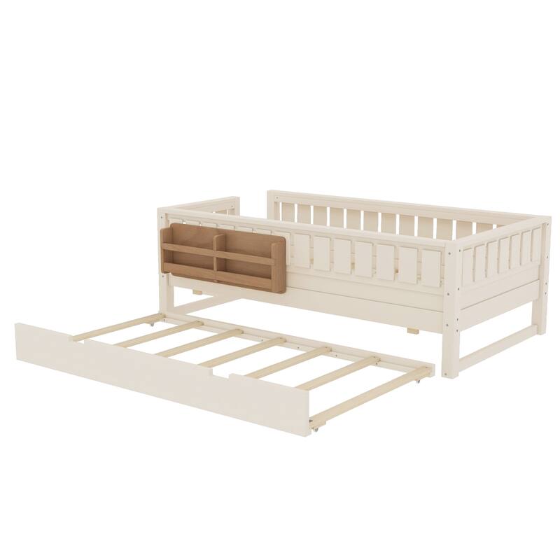 Full/Twin Size Wood Bed with Built-in Bookshelves and Storage Staircase, Safety Rails and Trundle Bed