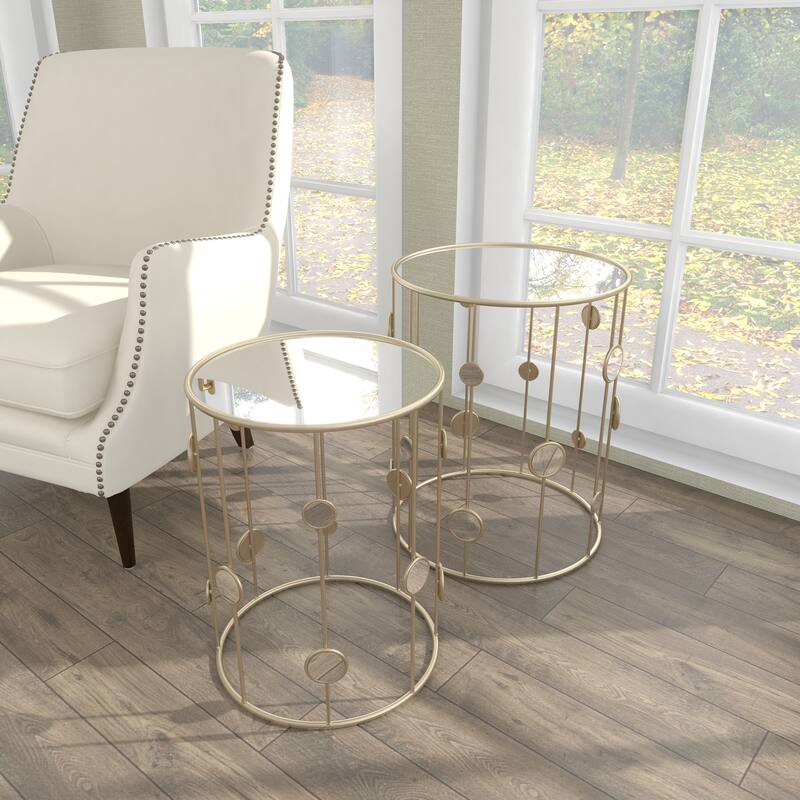 Gold Metal Open Frame Accent Table with Mirrored Glass Top and Circular Accents (Set of 2)