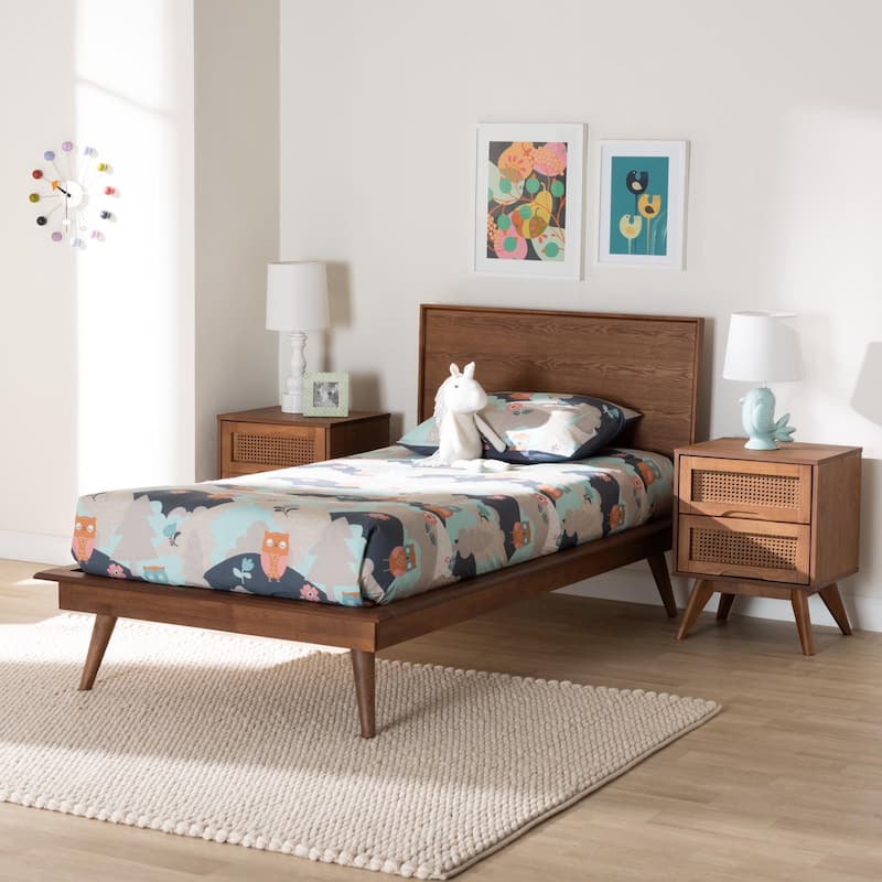 Melora Mid-Century Modern Walnut Brown Finished Wood and Rattan 3-Piece/4-Piece/5-Piece Bedroom Set (Multiple Bed Sizes)