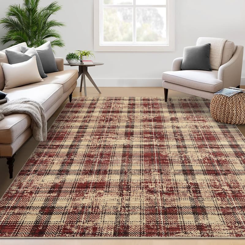 Garvee Earthy Plaid Soft Low Pile Foldable Area Rug - 5'x7' - Red