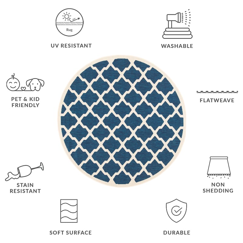 SAFAVIEH Courtyard Tuulikki Indoor /Outdoor Waterproof Trellis Patio Backyard Rug - 5'3" Round - Navy/Beige