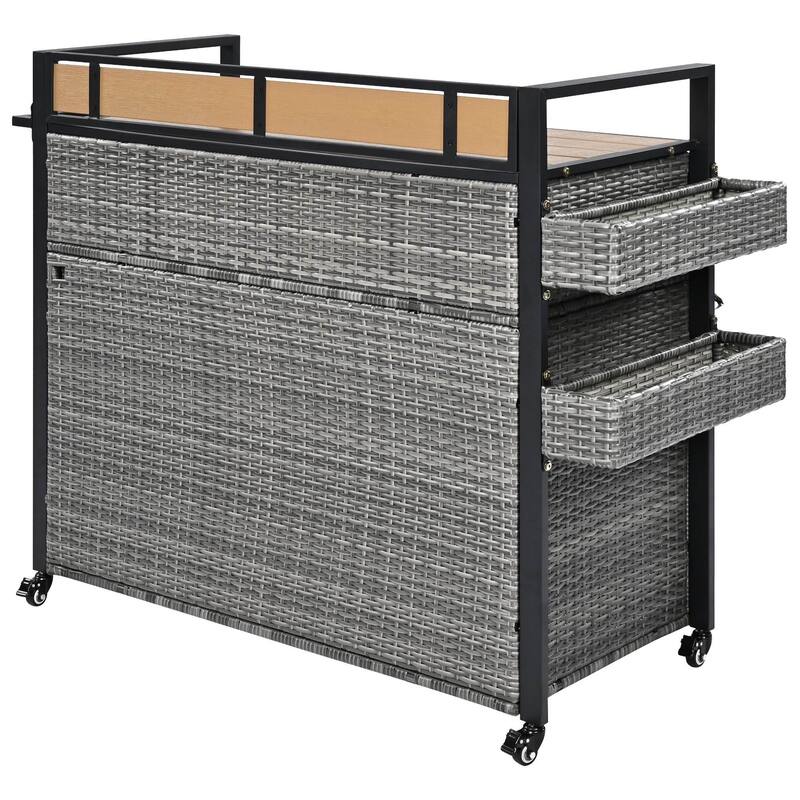 Wicker Outdoor Grill Cart with Drop Leaf Tabletop and Storage Cabinet