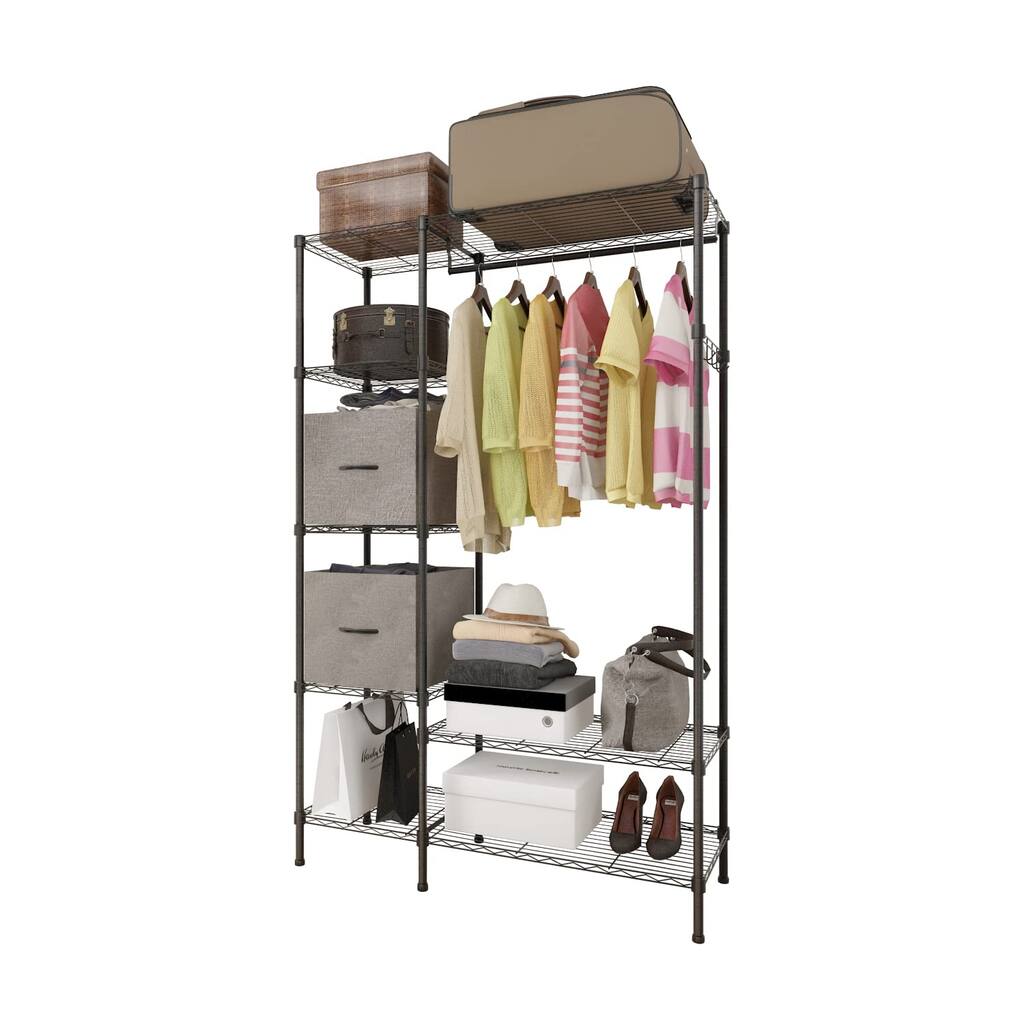 Wire Garment Rack 6 Tiers Clothes Rack with Fabric Drawers Wardrobe with Hanging Rods and Hooks Metal Clothing Racks