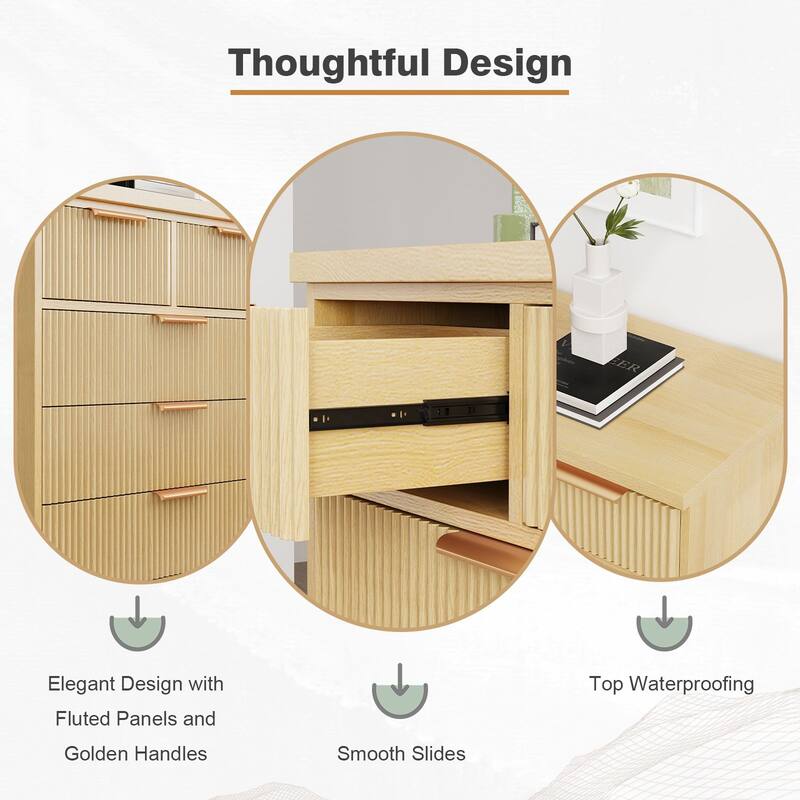 Gymojoy Fluted 5 Drawer Dresser, Modern Wood Chest of Drawers, Closet Dresser Organizer