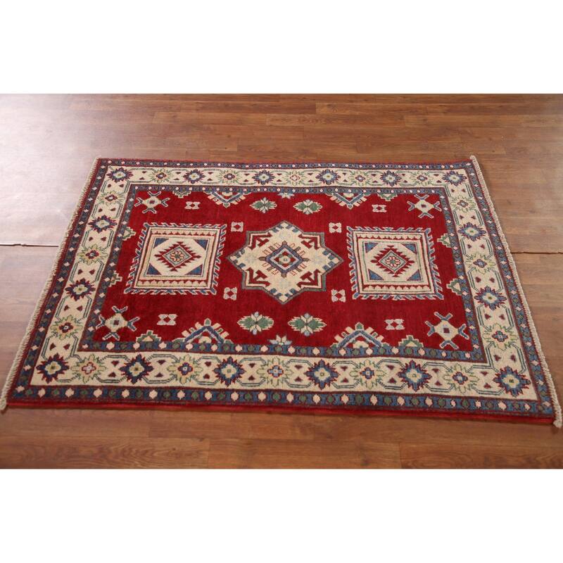Geometric Red Kazak Oriental Accent Rug Handmade Wool Carpet - 3'3"x 4'6"