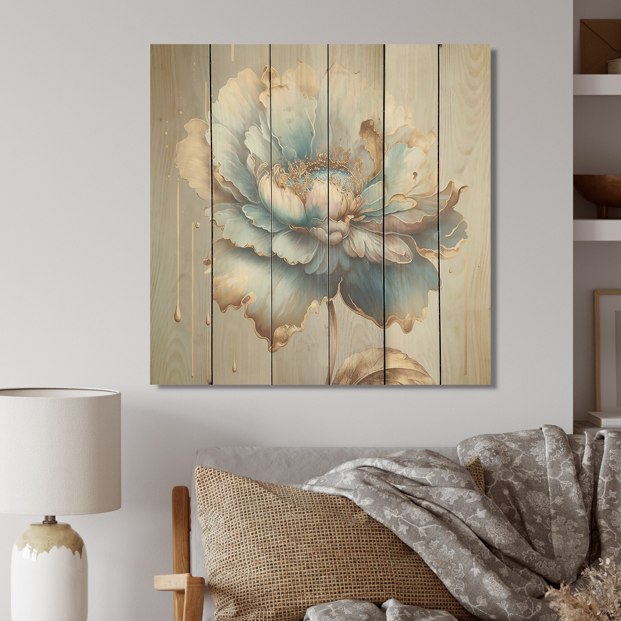 Designart 'Chic Blue Blooming Flower I' Floral Wood Wall Art