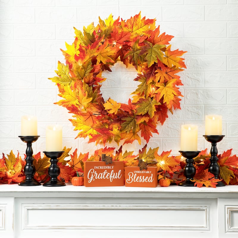 Glitzhome LED Lighted Fall Maple Leaves Wreath/Garland with Timer