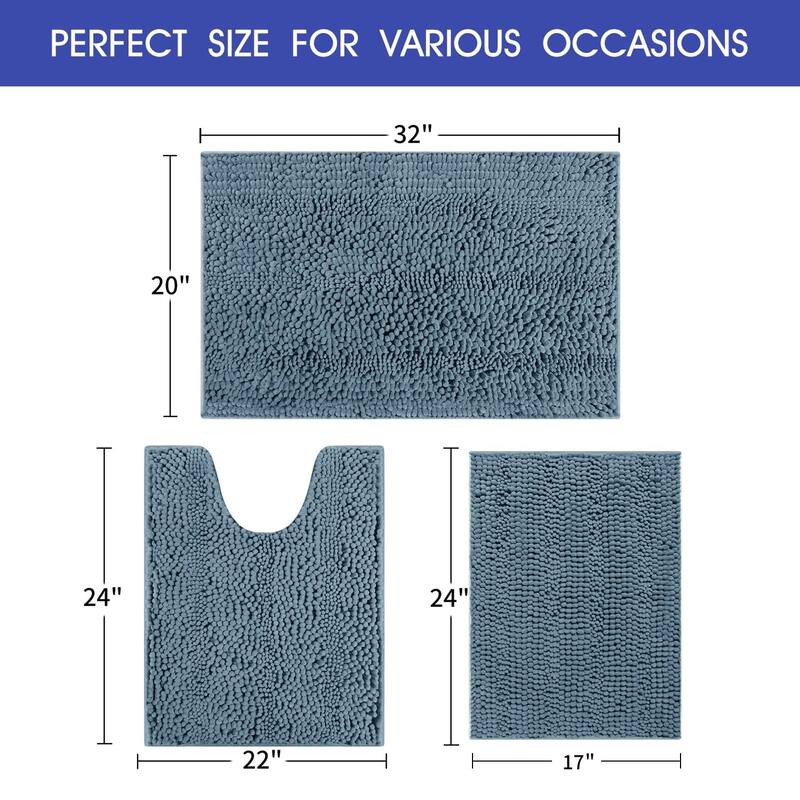 Ultra Soft Striped Non Slip Chenille Bathroom Rug Set 3 Pieces