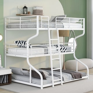 White Full XL over Twin XL over Queen Metal Triple Bunk Bed with Guardrail, Angled Ladder