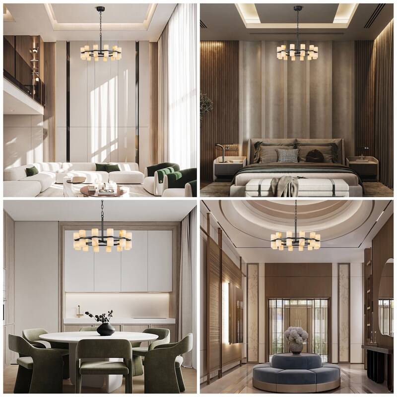 Modern Alabaster Glass Chandelier, Round or Linear Pendant Light with Up & Down Shades, D600-L1370, Copper or Black Finish